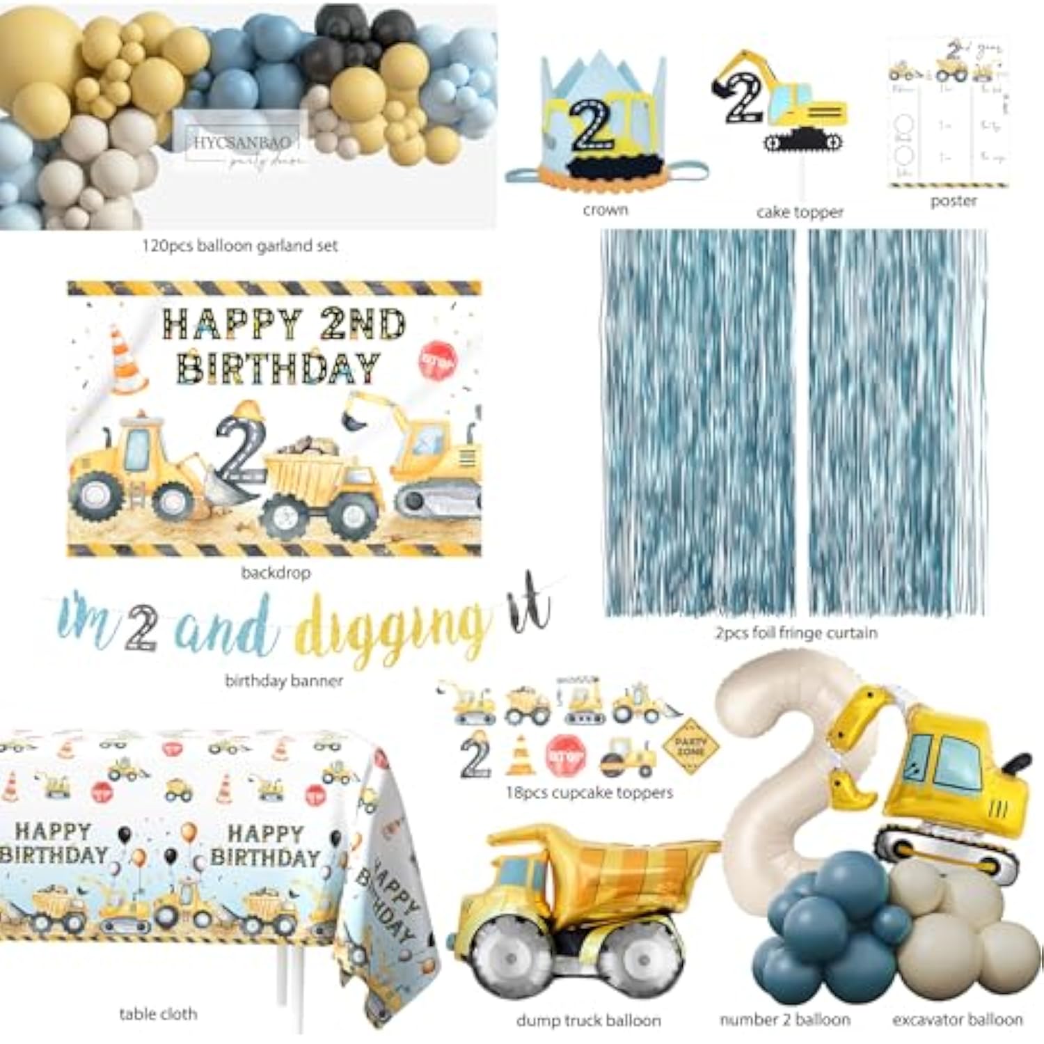Construction Birthday Party Supplies For 2 Year Old Boy, 2Nd Birthday Decorations For Boys, Dump Truck 2Nd Bday Backdrop, Cake Toppers, Balloon Garland, Tablecloth, Banner
