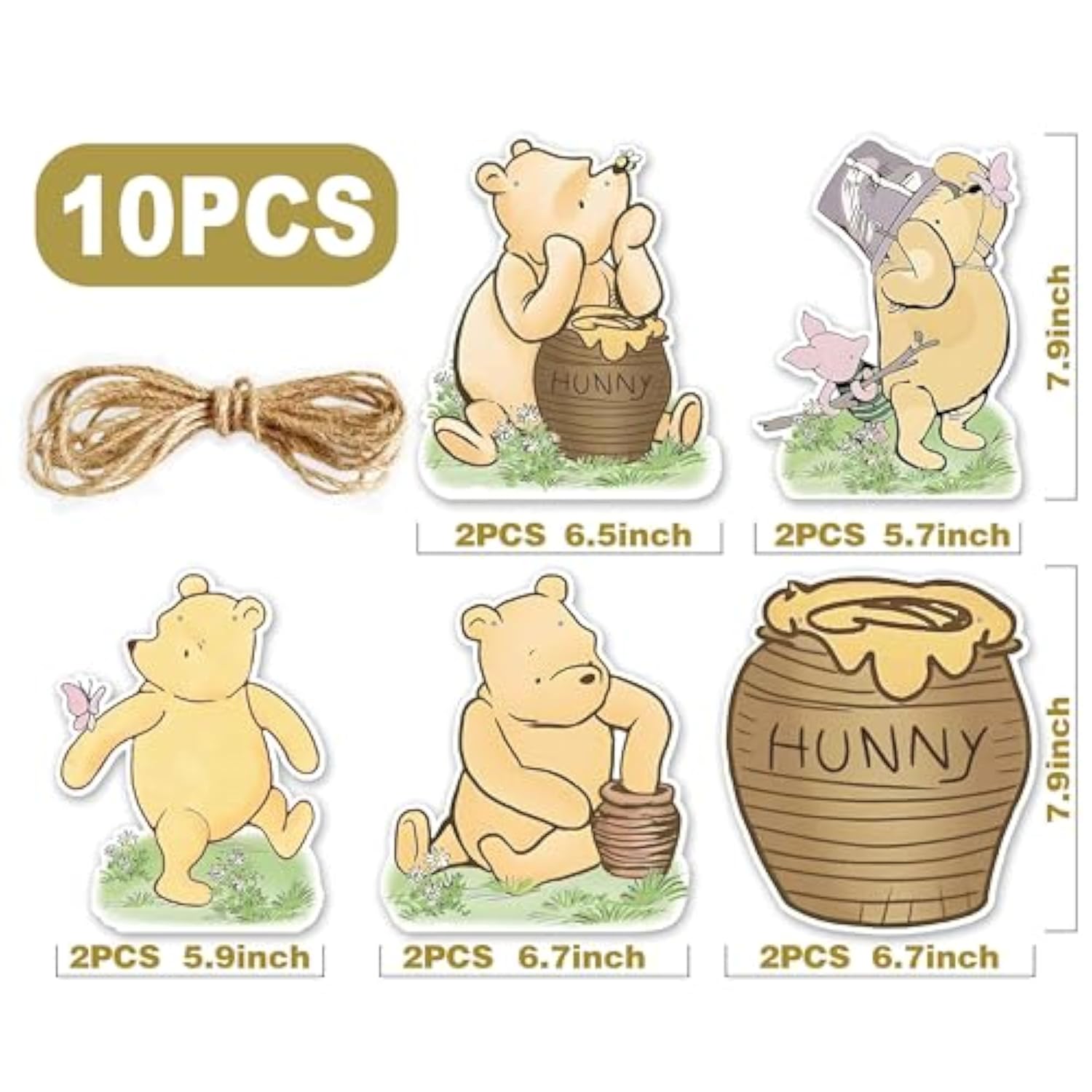 10 Pcs Winnie Banner Cutout Garland – Classic Pooh Baby Shower & Birthday Banner Signs, Adorable Party Supplies