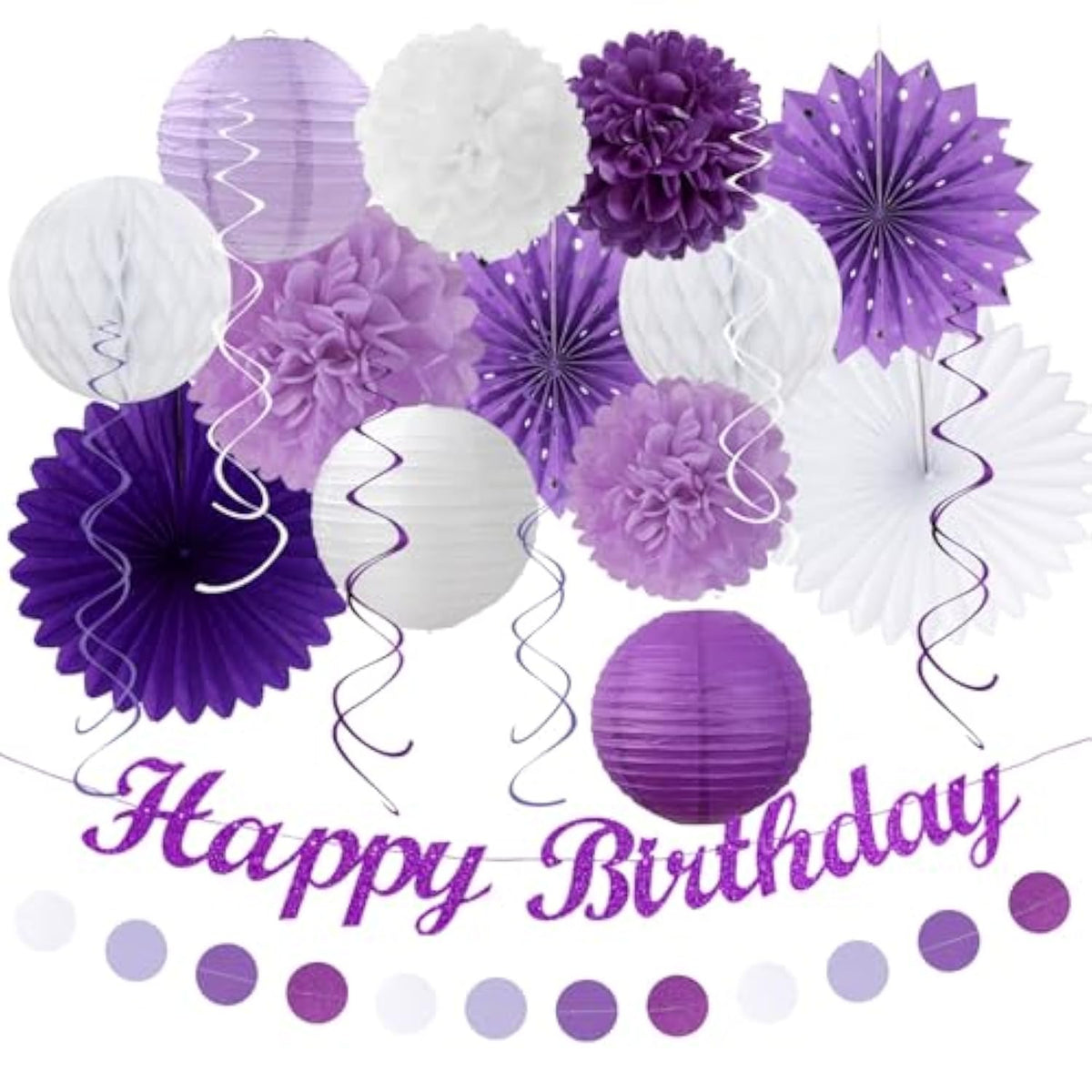 Purple Lilac-Lavender White Women Birthday Party-Decorations - 21Pcs Happy Banner,Paper Lanterns,Tissue Pom Poms Flower Fan,Honeycomb Ball,Hanging Streamers Garland, Girls Decor Supplies