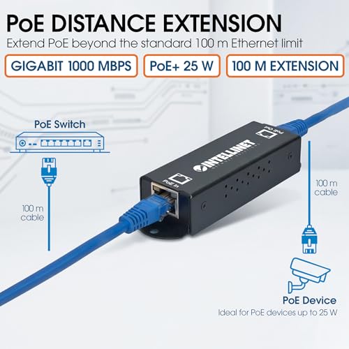 Intellinet 1-Port Indoor Gigabit Poe+ Extender Repeater 25W Power Budget Via Cat5E Cat6 Rj45 Ethernet Network Cables, Daisy-Chain 3 Yr Mfg - 560962