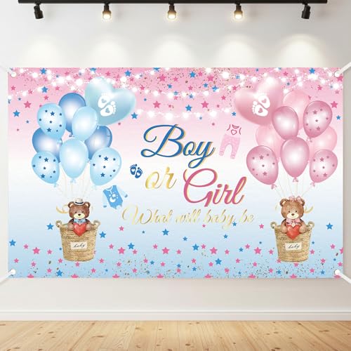 Boy or Girl Gender Reveal Backdrop – Pink & Blue Bear Gender Reveal Decoration Banner with Hot Air Balloons Girls & Boys Baby Shower Yard Sign Photo Booth Backdrop for Gender Reveal Party 71"x43"
