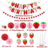 Strawberry Birthday Decorations For Girls, Red Pink White Strawberry Birthday Banner With Tissue Pom Poms Fans Honeycomb Balls Polka Dot Garland And Hanging Swirls Berry Hanging Decor Centerpieces