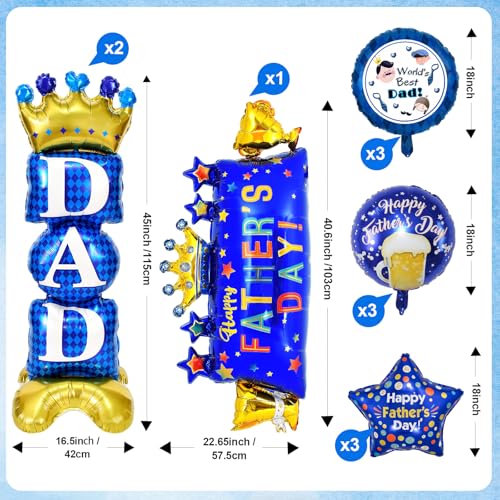 12PCS Happy Father's Day Balloons Set,Aluminum Foil Balloons Include 2 Large DAD Standing Balloons, 1 Banner, and 9 18'' Balloons. Perfect for Father's Day Decorations and Themed Party Celebrations.