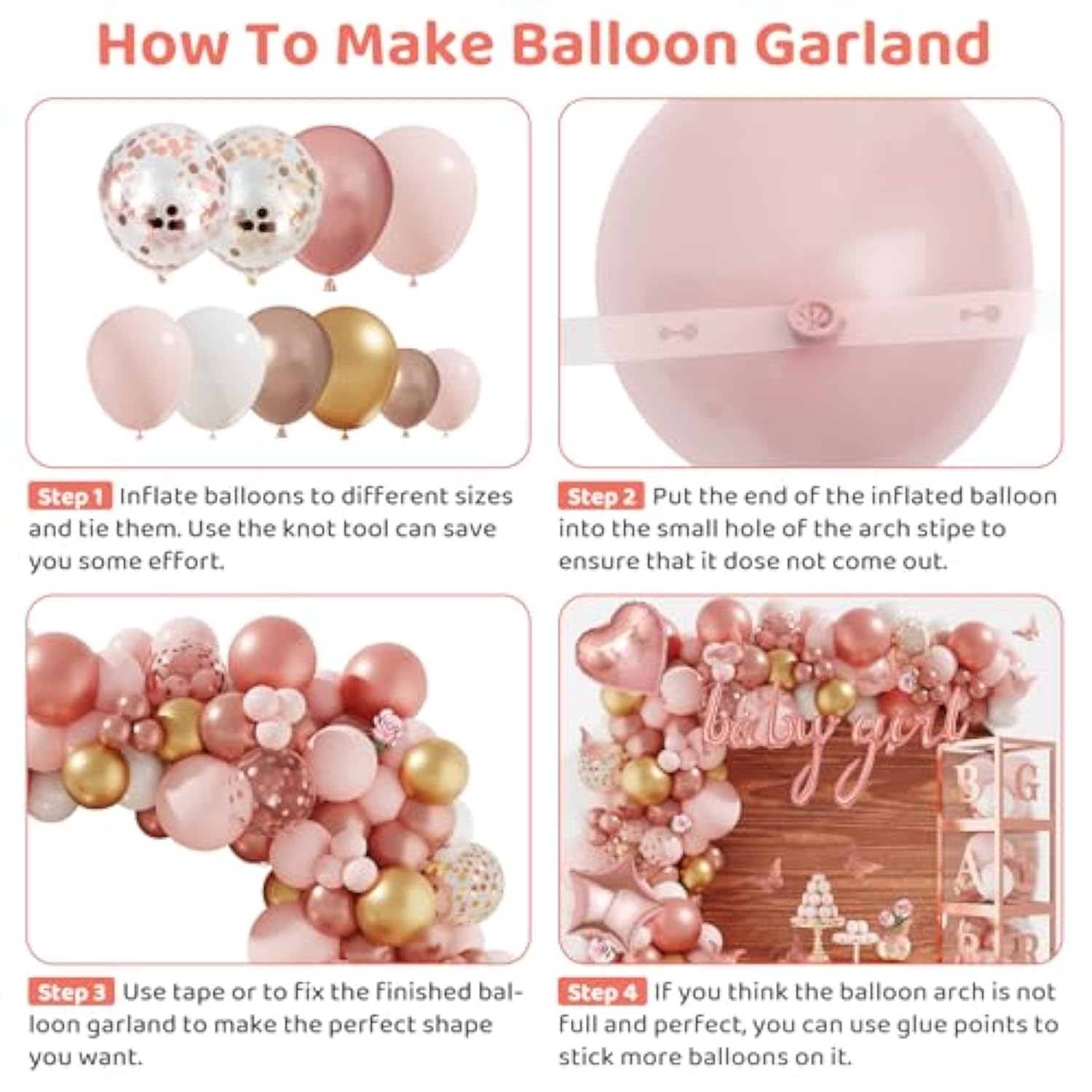 134pcs Rose Gold Balloon Arch Kit with Baby Boxes & Butterfly Stickers for Party