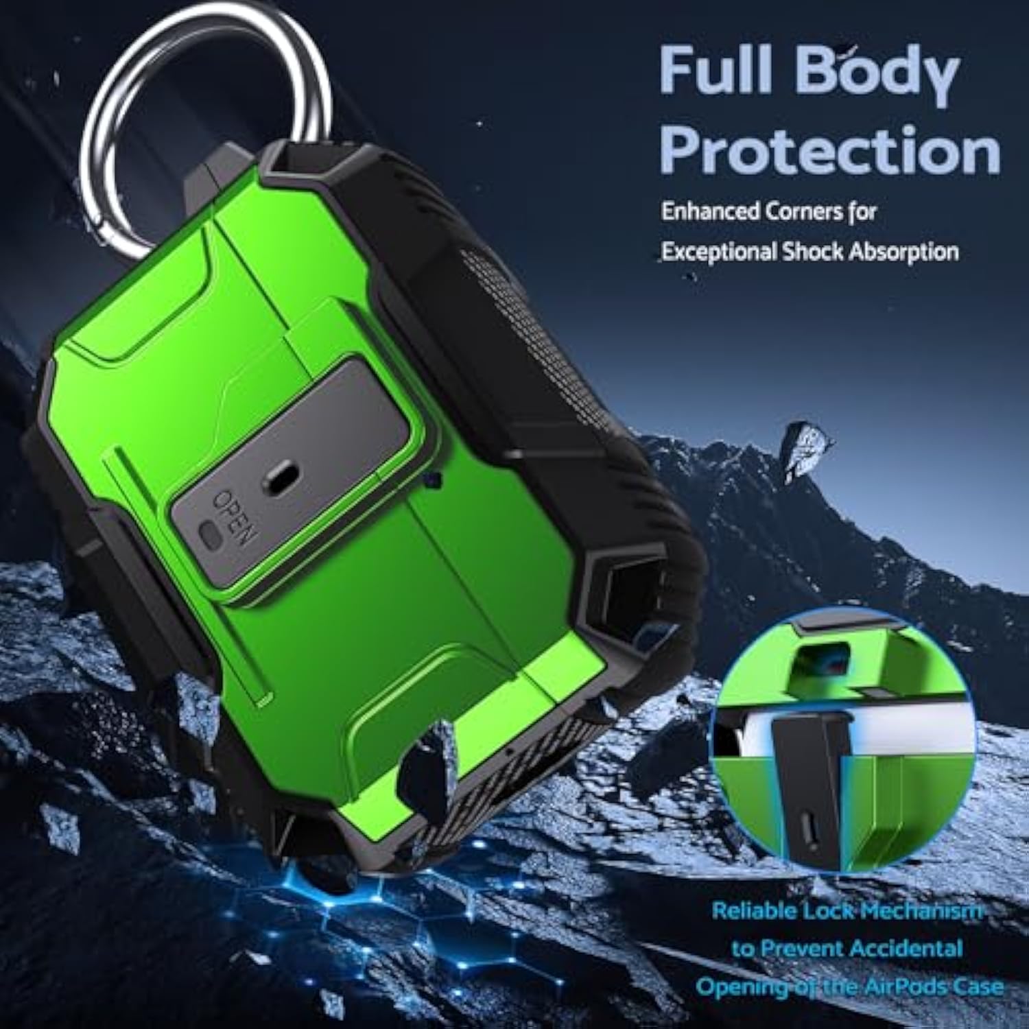 Armor Earphone Cover Case For Airpods Pro 2, Military Grade Full Body Shockproof Protection Hard Case, Support Wireless Charging With Keychain, Magnetic Lid, Front Led Visible, Green