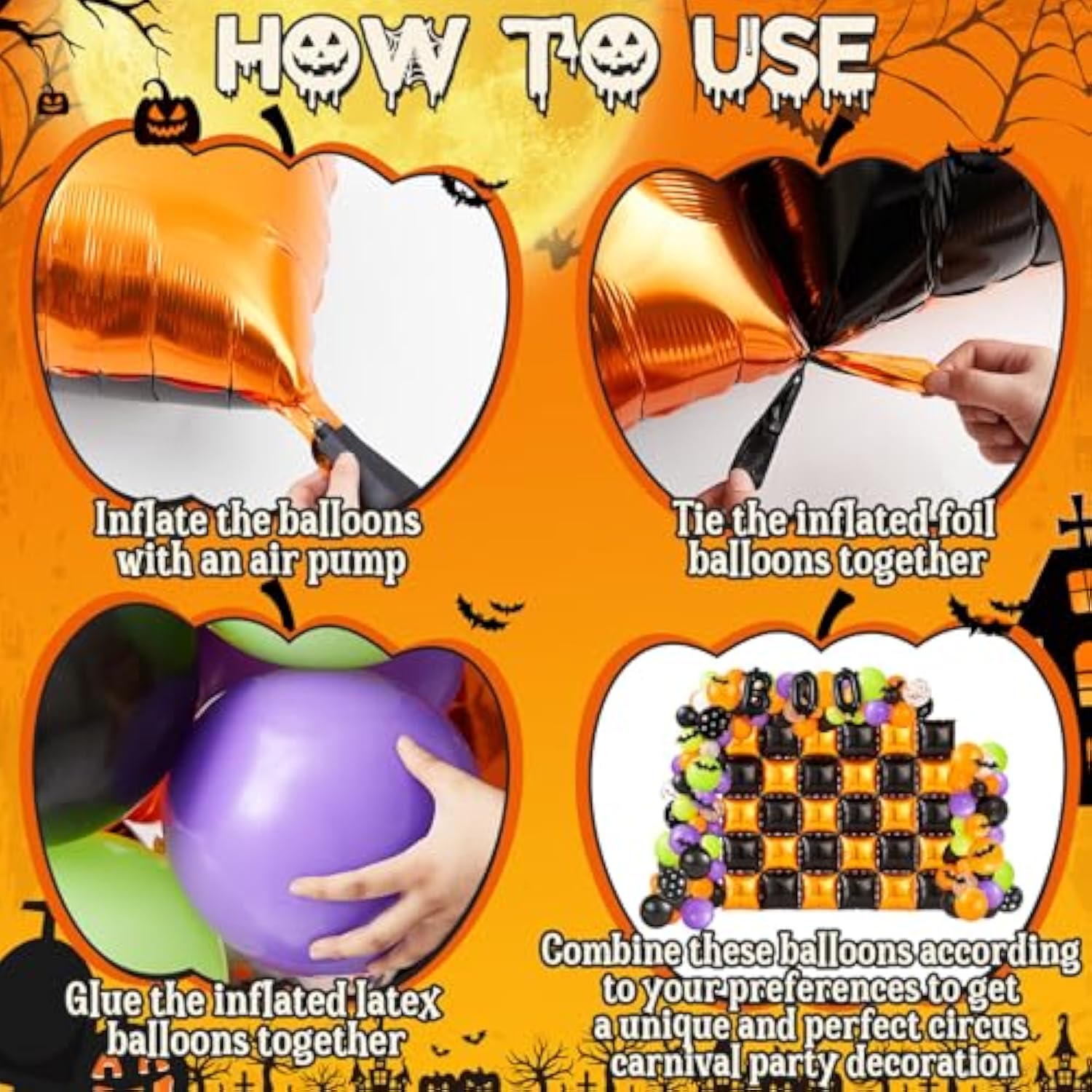 143Pc Halloween Balloon Arch Kit – Black & Orange Foil Wall Backdrop with Bats