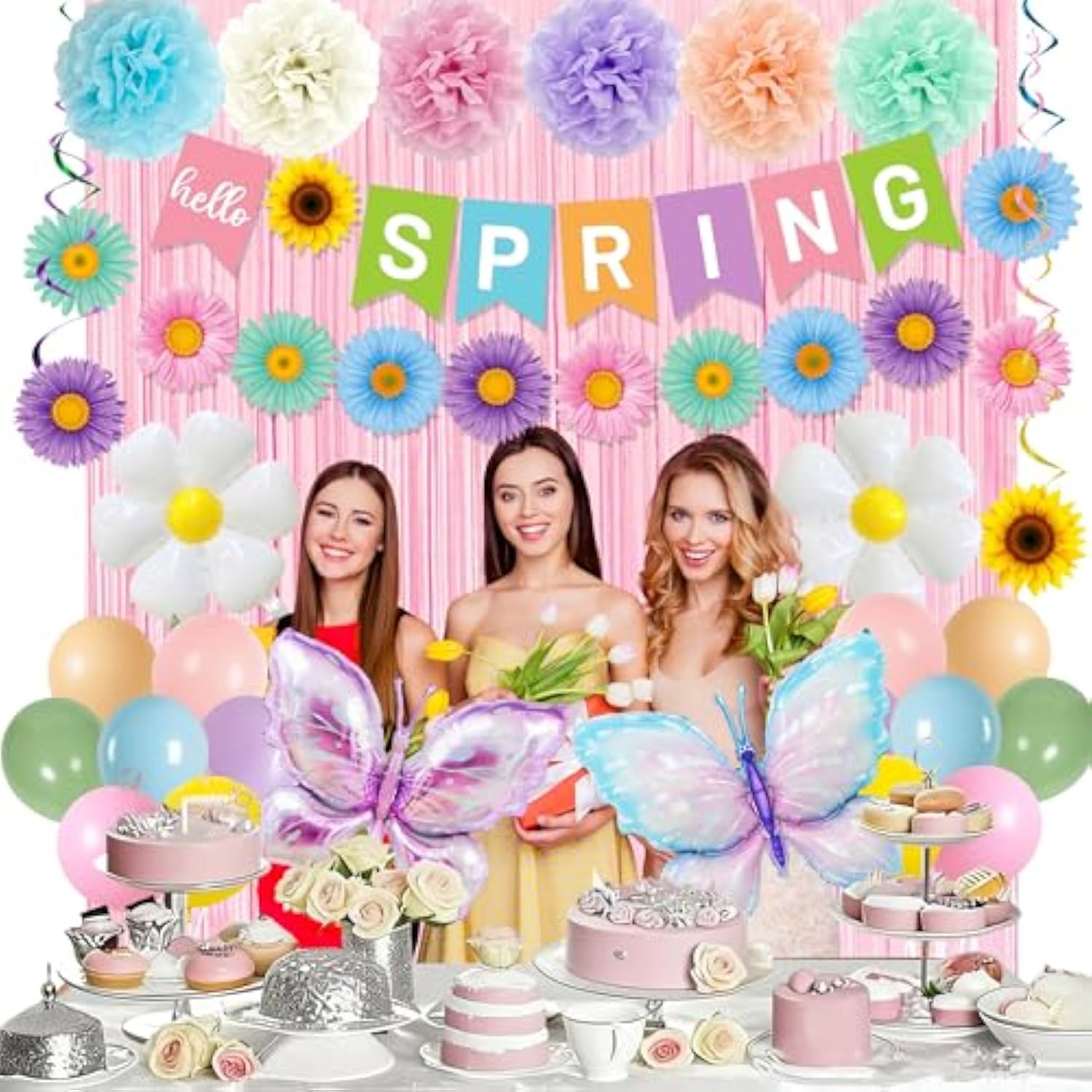 Spring Party Decorations, Hello Spring Banner, Paper Pom Poms, Flowers Hanging Swirls, Daisy Flower Butterfly Foil Balloons, Fringe Curtains, Flower Butterfly Themed Birthday Party Supplies