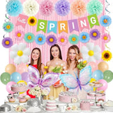 Spring Party Decorations, Hello Spring Banner, Paper Pom Poms, Flowers Hanging Swirls, Daisy Flower Butterfly Foil Balloons, Fringe Curtains, Flower Butterfly Themed Birthday Party Supplies