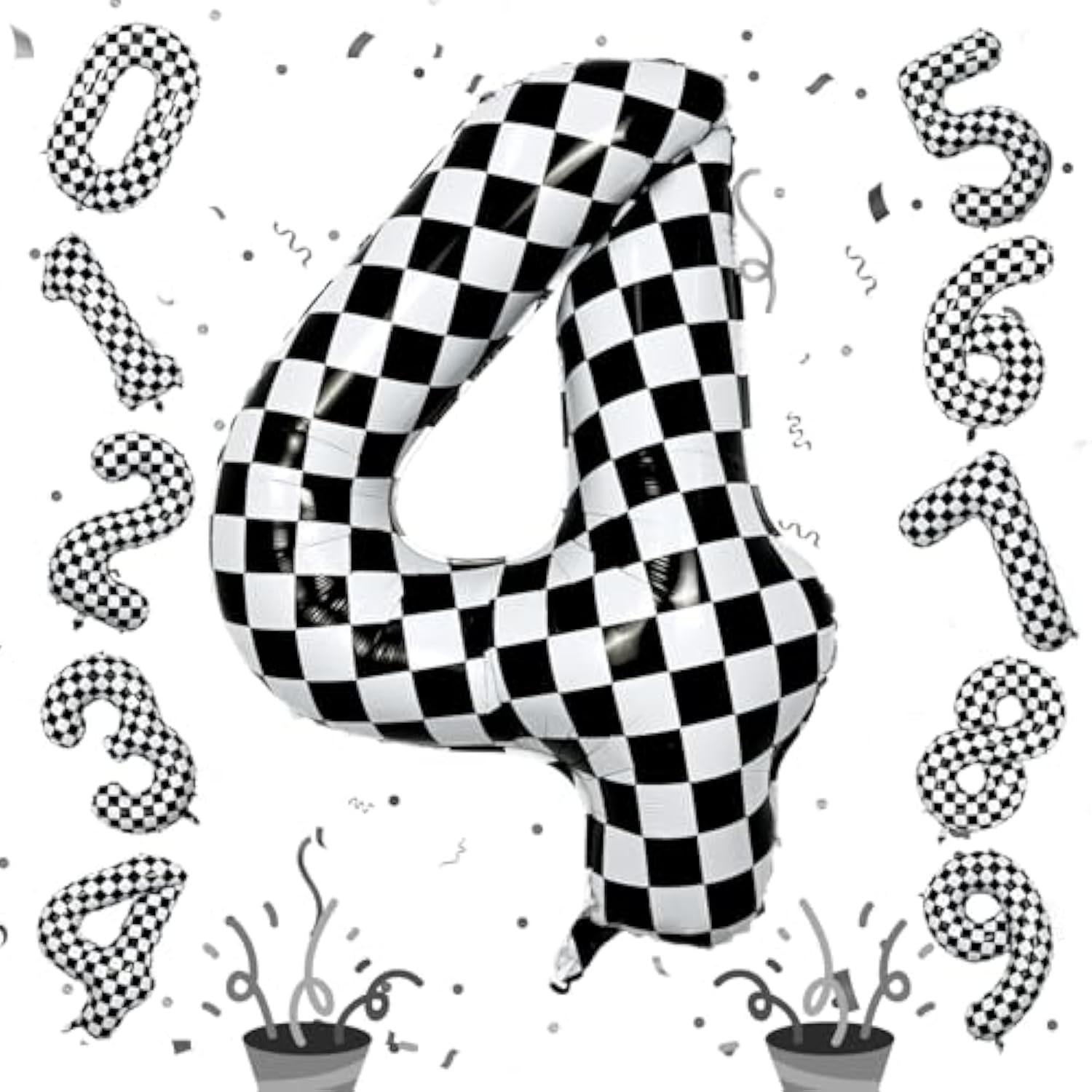 40in Black White Checkered Number 4 Foil Balloon Kids Birthday Party Decor
