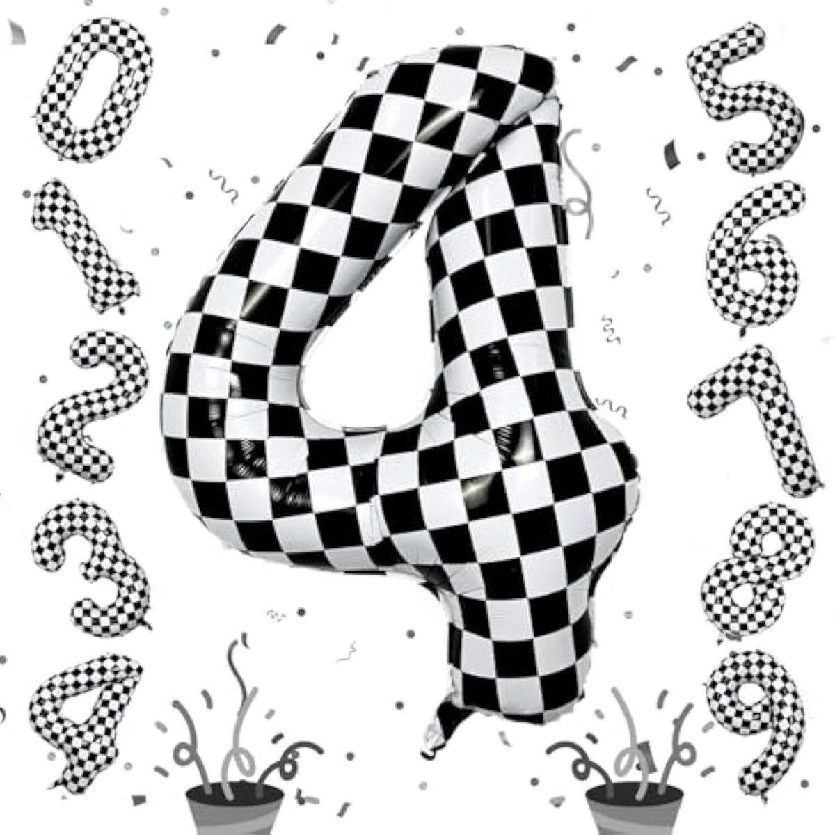 40in Black White Checkered Number 4 Foil Balloon Kids Birthday Party Decor