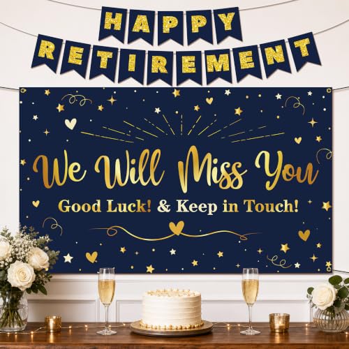Retirement Party Decorations, Blue Gold We Will Miss You Backdrop Set