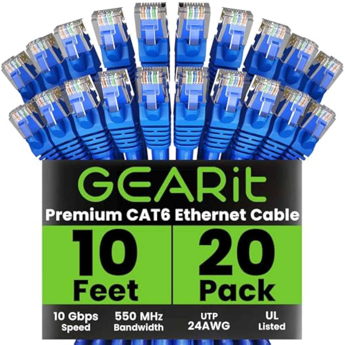 GearIT Cat 6 Ethernet Cable 10 ft (20-Pack) - Cat6 Patch Cable, Cat 6 Patch Ca