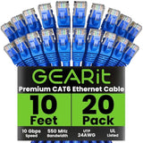 GearIT Cat 6 Ethernet Cable 10 ft (20-Pack) - Cat6 Patch Cable, Cat 6 Patch Ca