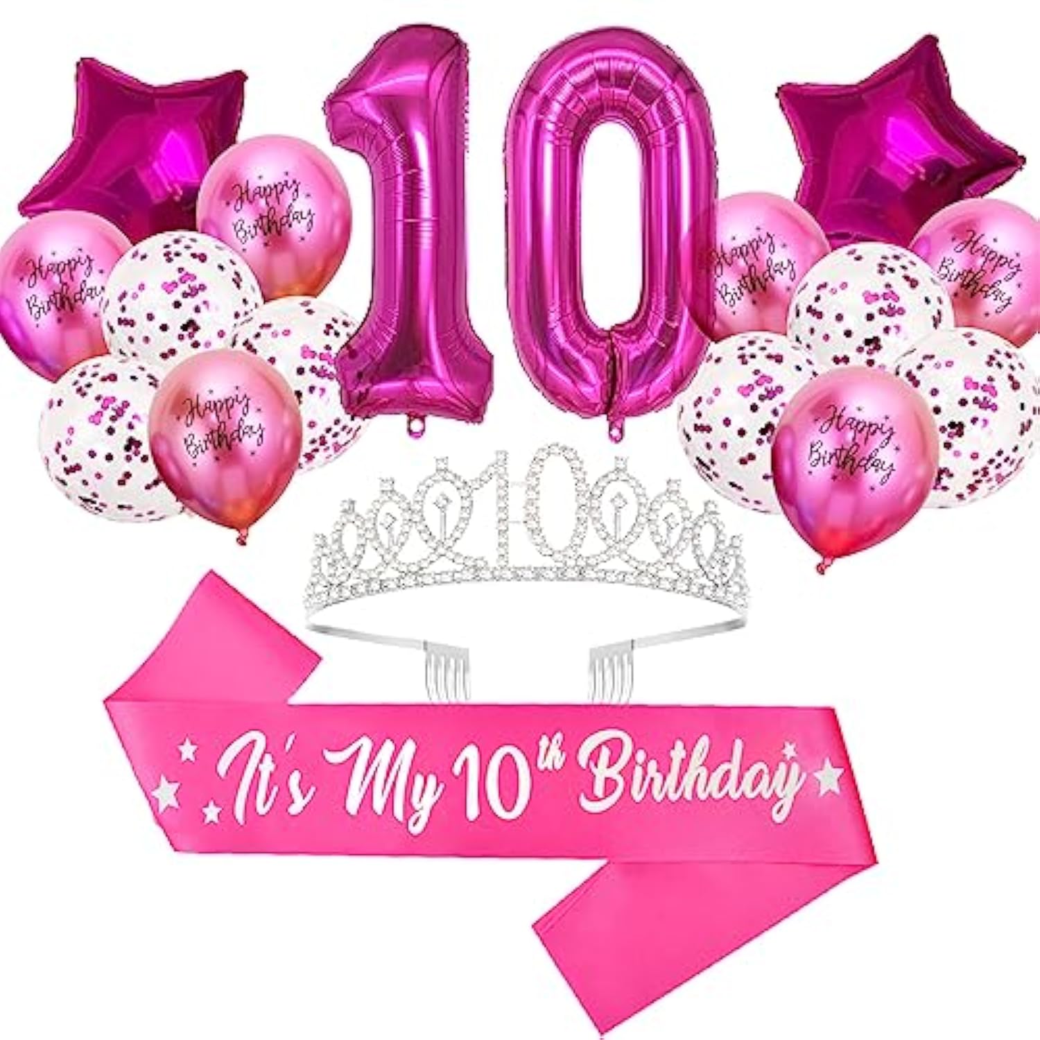 10Th Birthday Decorations For Girls - Hot Pink Glitter Double Digits Sash & Crown, Hot Pink Number 10 & Star Foil Balloons, Happy Birthday Latex Balloons For 10 Year Old Girl Party Decorations