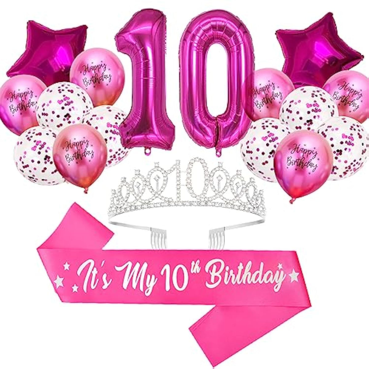 10Th Birthday Decorations For Girls - Hot Pink Glitter Double Digits Sash & Crown, Hot Pink Number 10 & Star Foil Balloons, Happy Birthday Latex Balloons For 10 Year Old Girl Party Decorations