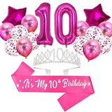 10Th Birthday Decorations For Girls - Hot Pink Glitter Double Digits Sash & Crown, Hot Pink Number 10 & Star Foil Balloons, Happy Birthday Latex Balloons For 10 Year Old Girl Party Decorations