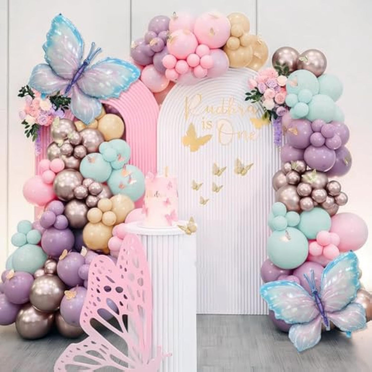 142pcs Butterfly Balloon Arch Kit with Pastel Balloons & Foil Butterflies