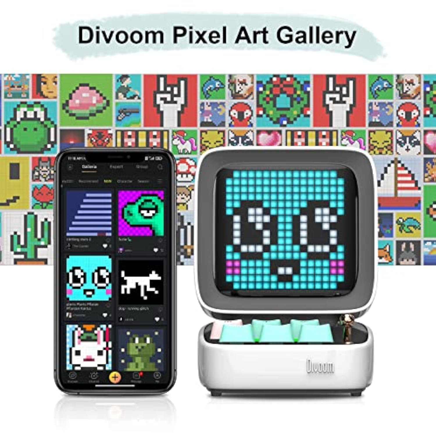 Divoom Ditoo Pixel Art Gaming Portable Bluetooth Speaker with App Controlled 16X16 LED Front Panel, Also a Smart Alarm (White)