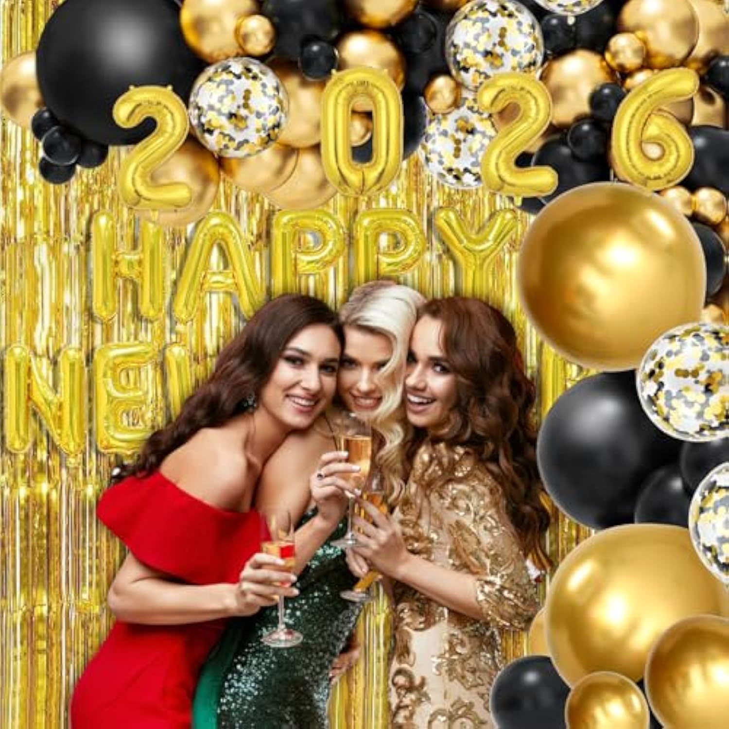 2026 New Year Party Balloon Arch Kit with Gold Black Banner and Confetti