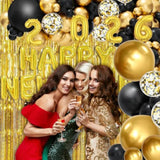2026 New Year Party Balloon Arch Kit with Gold Black Banner and Confetti