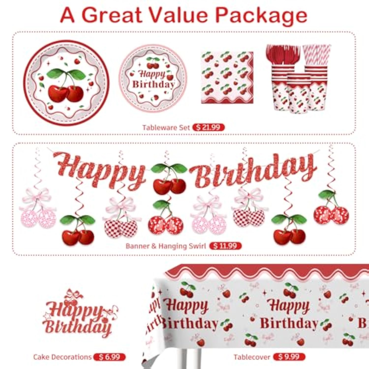 Cherry Birthday Decorations Tableware Set, 20 Serves Disposable Plates And Napkins Set, With Cake Topper, Banner, Tablecloth, For Cherry Party Decorations