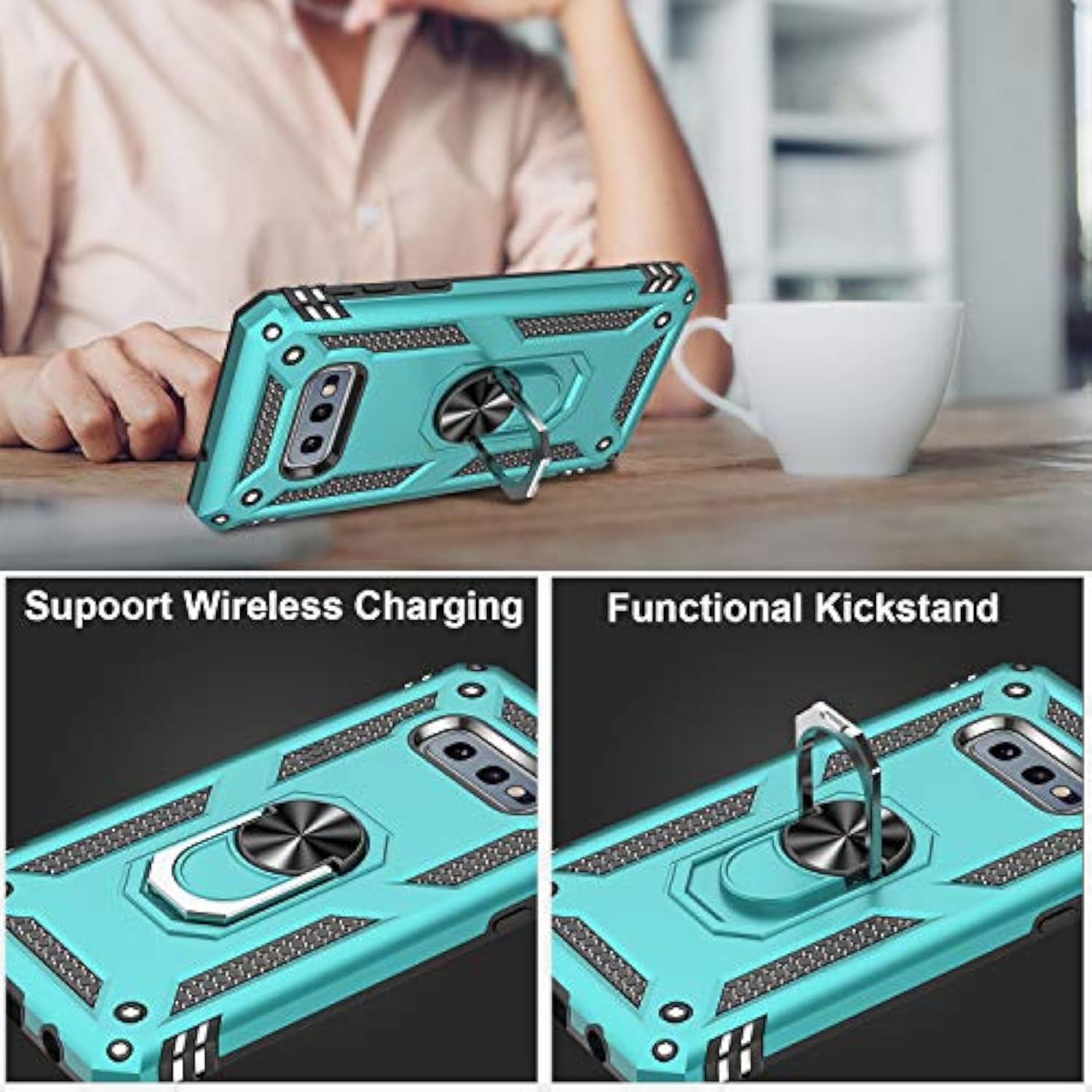 For Galaxy S10E Case With Screen Protector, Grade Shockproof Heavy Duty Protective Phone Cover Pass 16Ft Drop Test With Magnetic Kickstand Car Mount Holder Turquoise