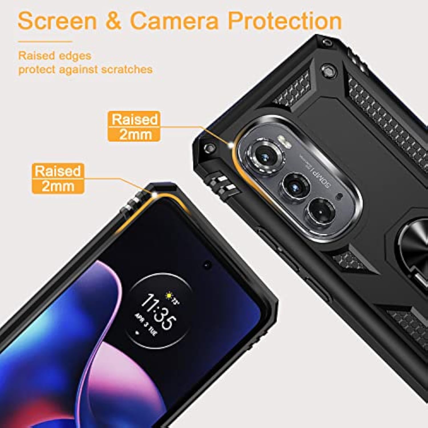 For Motorola Edge 2022 Case With 2 Pcs Tempered Glass Screen Protector, [Military Grade] 16Ft. Drop Tested Protective Cover With Magnetic Kickstand Car Mount For Motorola Moto Edge 2022, Black