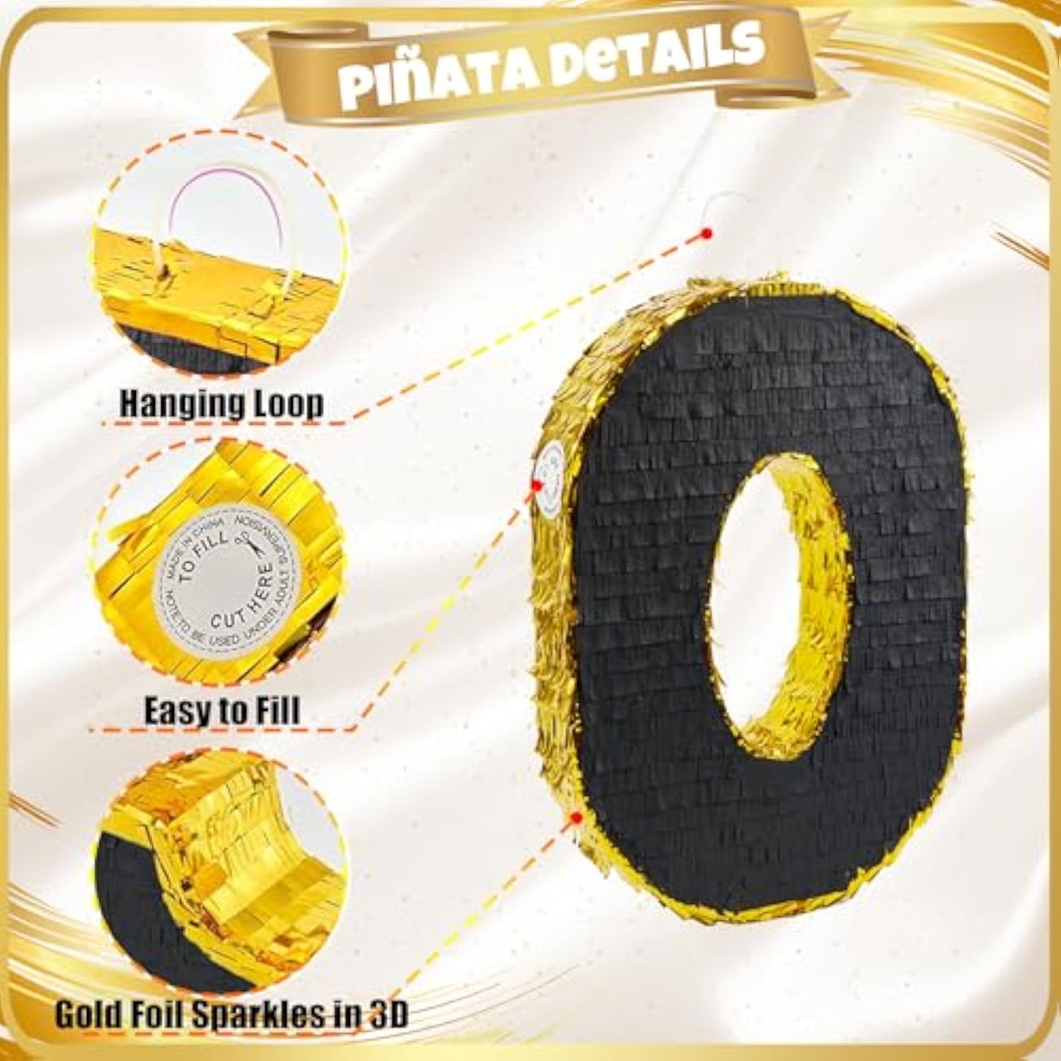 20 Inch Number 7 Piñata Gold Black With 30 Inch Piñata Stick Blindfold Confetti For Man Women Boys Girls Birthday Party Decorations, Anniversary Celebration, Fiesta