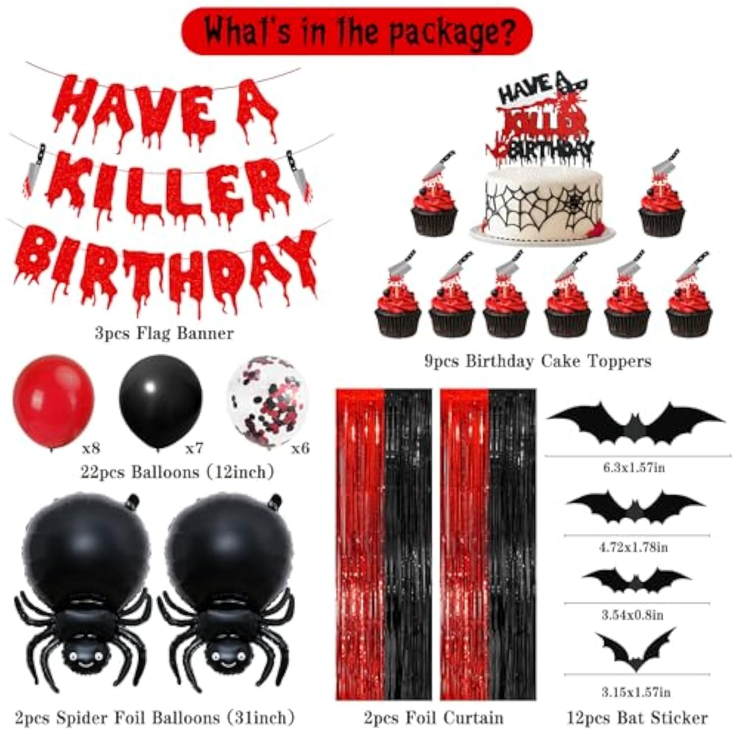 Have A Killer Birthday Decorations, Black Red Halloween Birthday Glitter Banner, Balloons, Blood Knife Cake Toppers For Halloween Decorations Supplies, Horror Backdrop Party Decor
