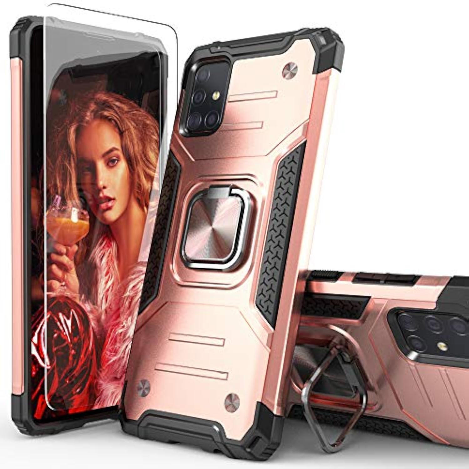 Galaxy A71 5G Case with Screen Protector, Shockproof Drop Test Slim Fit Case with Car Mount Kickstand Lightweight Protective Cover for Galaxy A71 5G, Rose Gold