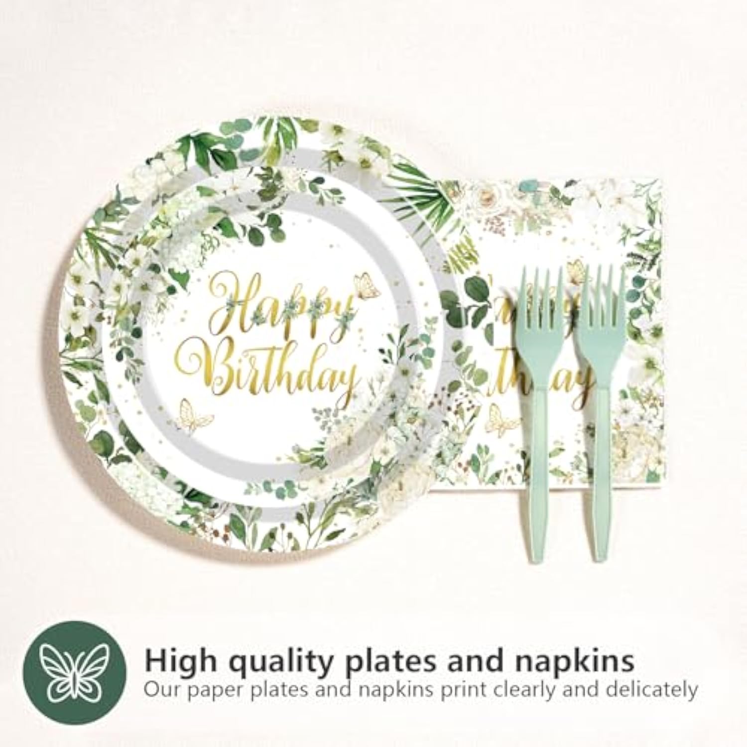 96Pcs Sage Green Happy Birthday Party Decorations Retro Green Birthday Plates Eucalyptus And White Flower Paper Plate Disposable Sage Tableware For Baby Shower Party Favors Serves 24