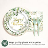 96Pcs Sage Green Happy Birthday Party Decorations Retro Green Birthday Plates Eucalyptus And White Flower Paper Plate Disposable Sage Tableware For Baby Shower Party Favors Serves 24