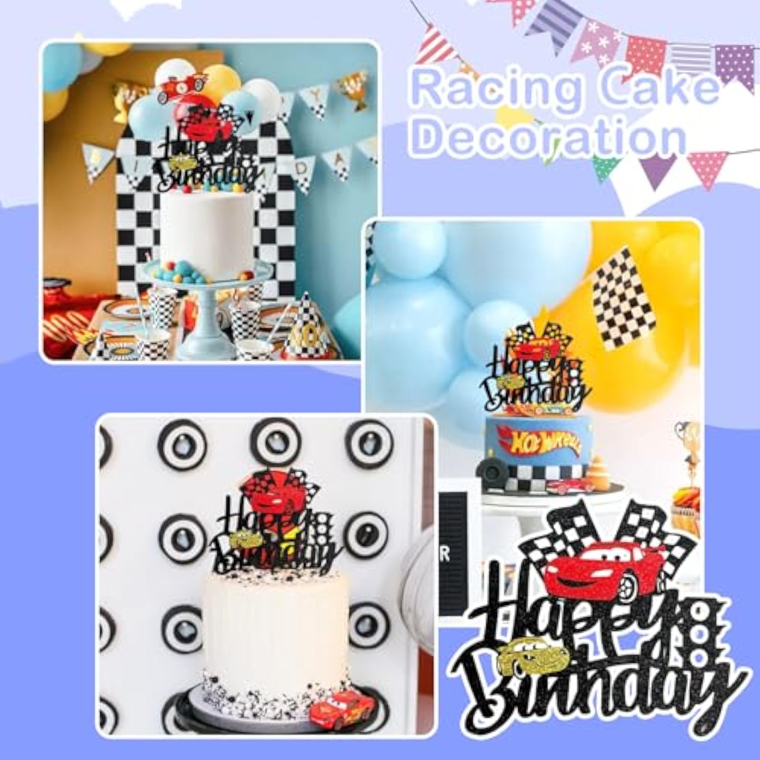 Car Birthday Cake Topper Race Car Cake Decoration For Boy Girl Man Racing Car Checkered Flag Themed Birthday Party Supplies Double Sided
