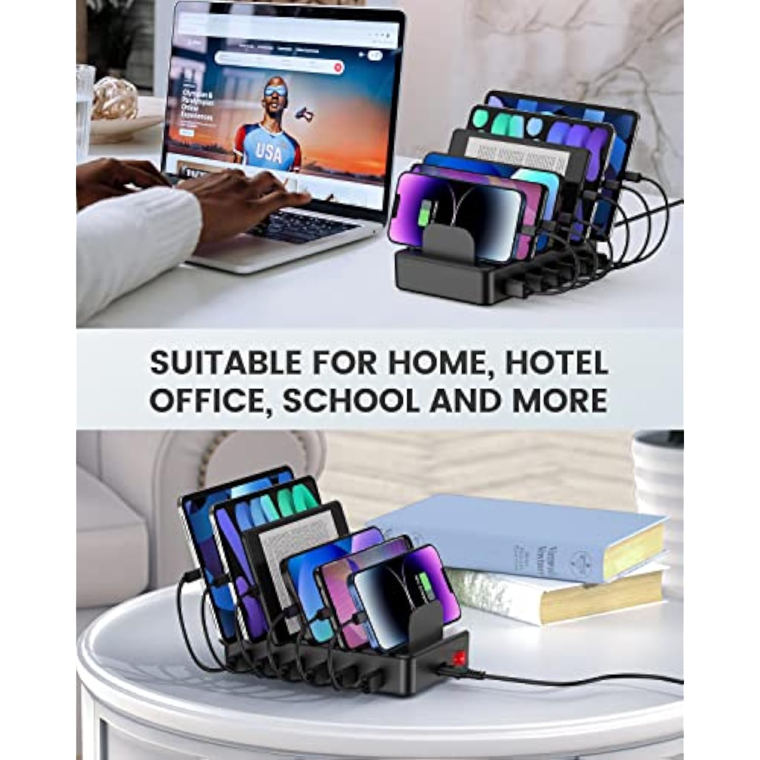 50W 6 Ports Multi Charger Station With 6 Charging Cables, Usb Charging Dock For Multiple Devices, Compatible With Cellphone Ipad Kindle Tablet And Other Electronic Devices