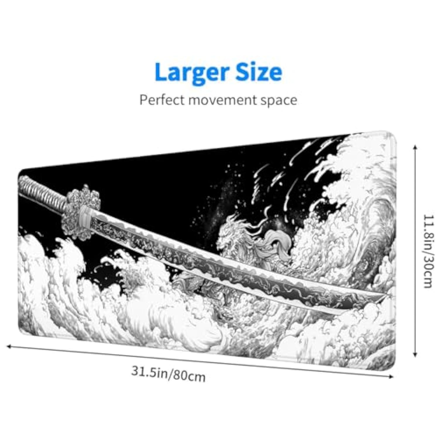 Japanese Samurai Sword Extended Mouse Pad, Black And White Anime Extended Gaming Mouse Pad Mat With Stitched Edge Non-Slip Base Big Mouse Pad, Office Computer Keyboard Laptop Home, 31.5”X11.8”