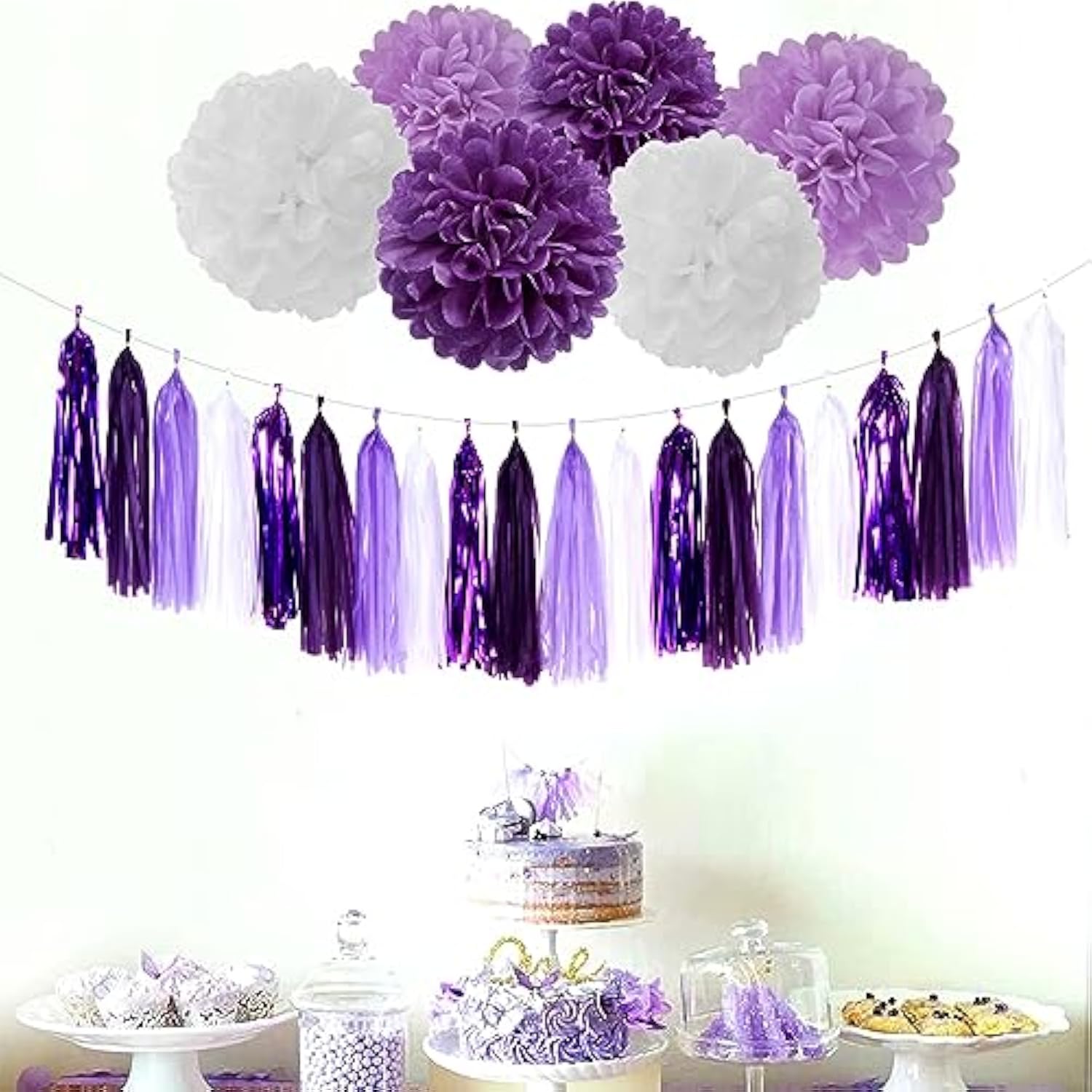 Purple White Lavender Party-Decorations Tassel-Garland - 20Pcs Women Girl Birthday Supplies Tassels, Baby Bridal Shower Wedding Engagement Bachelorette Graduation Decor