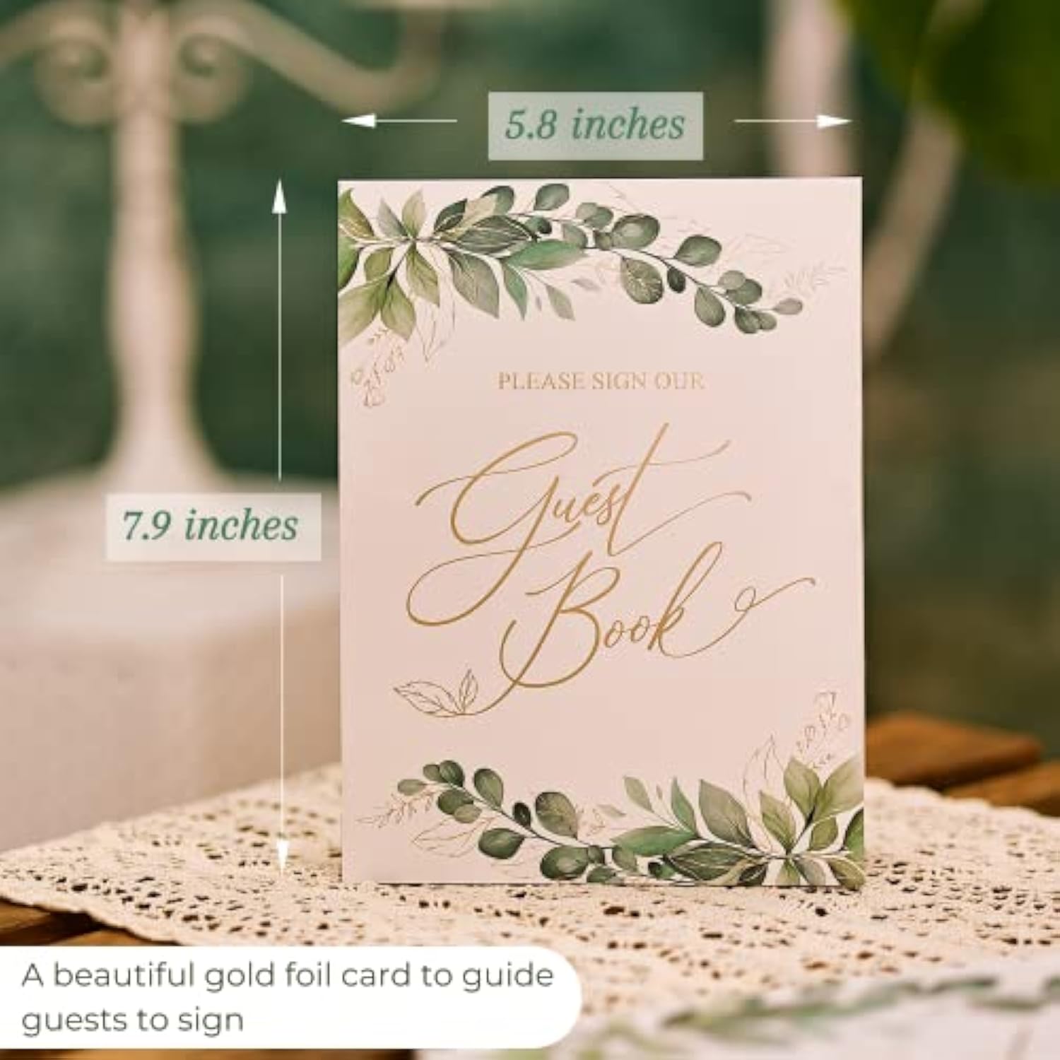 Gold Foil Greenery Wedding Guest Book 7 X 9 Inches, Pen & Table Sign Included, Resgistry Sign In Book For Wedding, Bridal Shower, Baby Shower, Graduation, Birthday, Funeral, Anniversary Or Reception