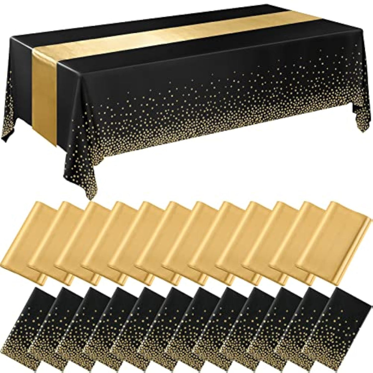 24 Pack Black Gold Disposable Tablecloths with Satin Runners 54x108in