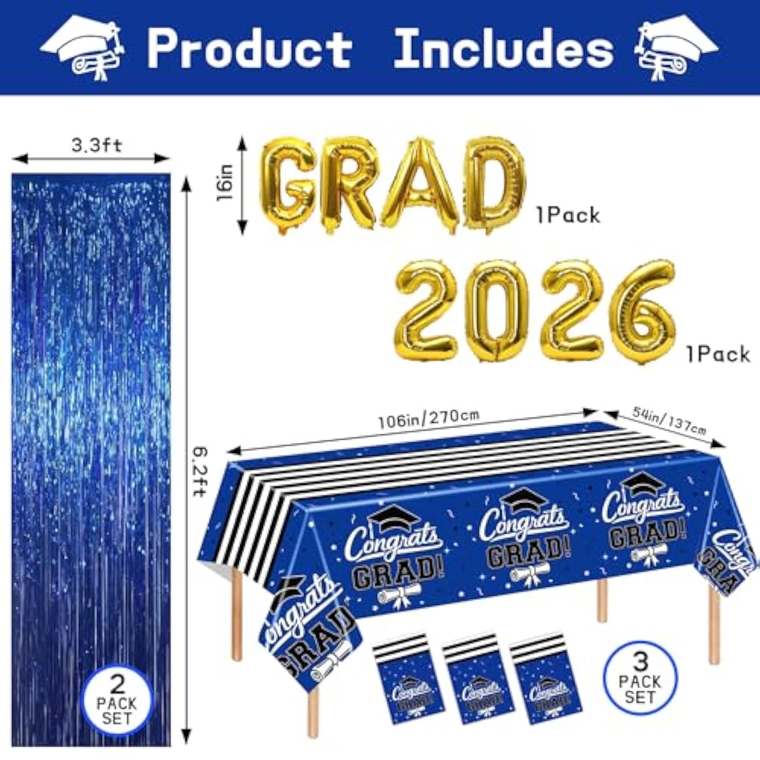 7-Pack Graduation Party Decorations Kit: 3 Blue Graduation Tablecloths (54"X108") + 2 Foil Balloons (2026 & Grad) + 2 Matching Foil Backdrop Curtains, Leakproof & Sturdy