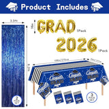 7-Pack Graduation Party Decorations Kit: 3 Blue Graduation Tablecloths (54"X108") + 2 Foil Balloons (2026 & Grad) + 2 Matching Foil Backdrop Curtains, Leakproof & Sturdy
