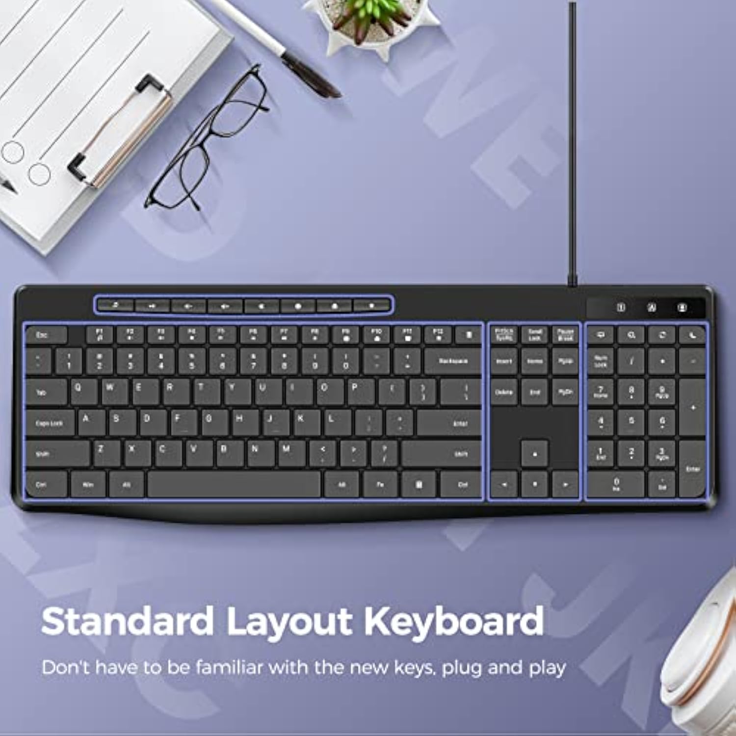 Wired Keyboard,Quiet Keyboard,Multimedia Usb Computer Keyboard,Silent Keyboardwith Low Profile Chiclet Keys,Large Number Pad,Spill-Resistant,Anti-Wear Letters,Full Size Keyboardfor Laptop,Desktop