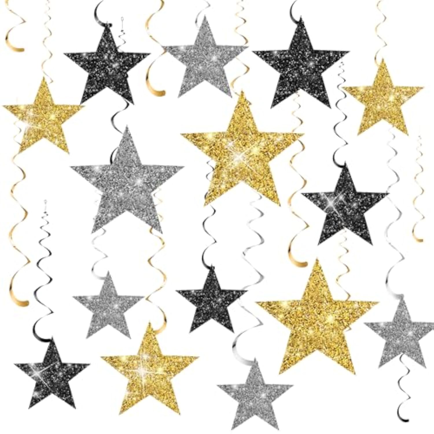 32pcs Black Gold Silver Star Hanging Swirls for New Year 2026 Party Decor