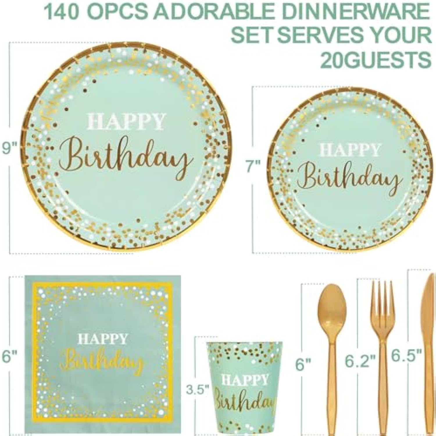 Sage Green And Gold Party Supplies 140 Pieces Happy Birthday Dinnerware - Sage Green Paper Plates, Napkins, Cups, Gold Plastic Forks, Knives, Spoons For Baby Shower Birthday Party Decoration