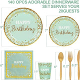 Sage Green And Gold Party Supplies 140 Pieces Happy Birthday Dinnerware - Sage Green Paper Plates, Napkins, Cups, Gold Plastic Forks, Knives, Spoons For Baby Shower Birthday Party Decoration