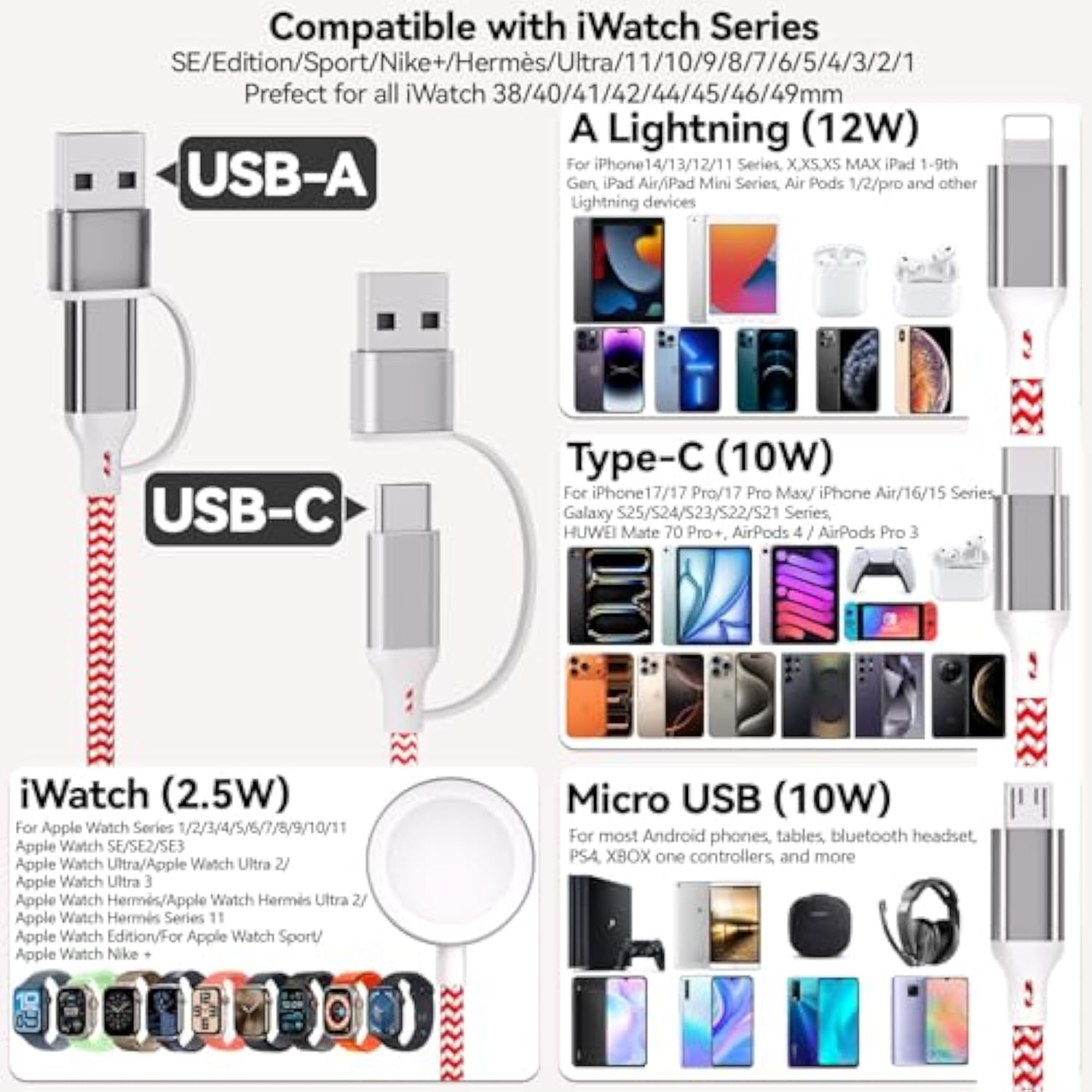 2Pack 6Ft/1.8M Iwatch Charger, 4 In 2 Usb A/C To Ios Port/Type C/Micro Usb/Iwatch Charger Nylon-Braided Multi Fast Charging Cable Compatible For Iwatch Ultra/Se/1-10/Iphone/Ipad/Airpods/Galaxy