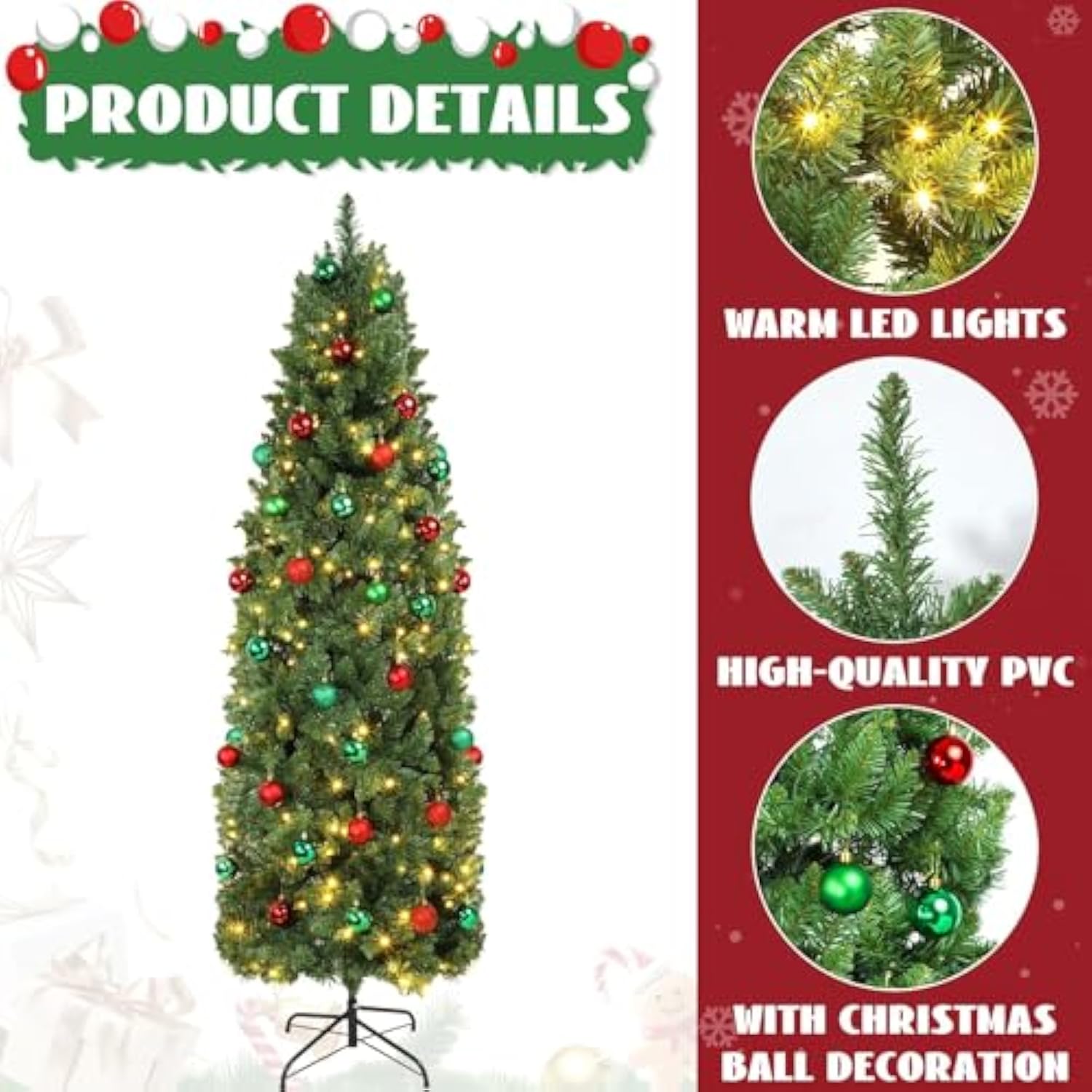 41 Pcs 7 Ft Artificial Slim Christmas Tree With 250 Led Warm White String Lights 40 Red Green Ball Ornaments Skinny Thin Pencil Tree With Metal Stand For Home Xmas Holiday Party Decoration