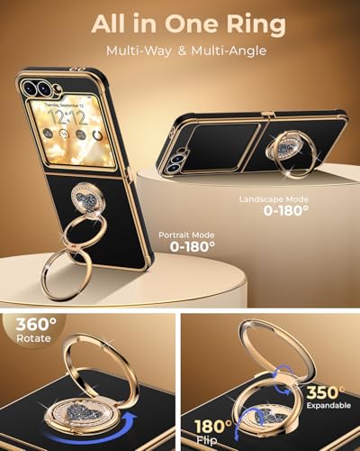 for  Galaxy Z Flip 6 case with Stand,Z Flip 5 Phone Case with Double Ring & Strap,Women Girls Cute Love-Heart Luxury Bling Protective Cover