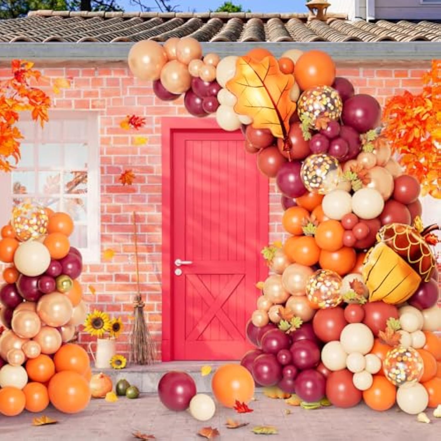 138PCS Fall Balloon Arch Kit with Orange Pink Red Rose Gold Balloons Thanksgiving