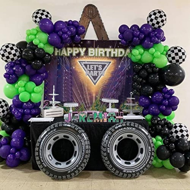 145Pcs Monster Truck Theme Purple And Green Black Balloon Garland Arch Kit With Big Wheels Checkered Foil Balloons For Kids Truck Race Car Birthday Party Decorations Monster Truck Party Supplies