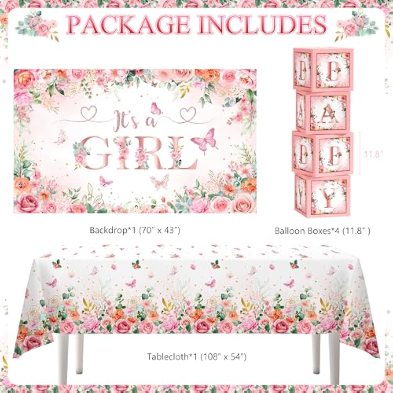 Baby Shower Decoration For Girl Baby Girl Pink Rose Gold Baby Shower Decoration Floral Gender Reveal Party Supplies With It'S A Girl Backdrop Balloon Arch Baby Box With Letter Butterfly Sticker